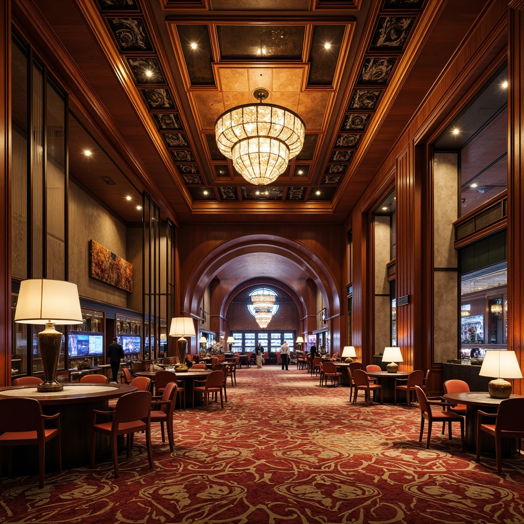 Prompt: Luxurious casino interior, rich wood paneling, ornate moldings, velvety soft carpets, bold patterned rugs, metallic accents, crystal chandeliers, lavish fabrics, intricate ceiling designs, warm golden lighting, decorative archways, grandiose columns, rustic stone walls, elegant marble floors, sophisticated wallpaper patterns, opulent drapery, traditional ornateness, high-contrast color schemes, dramatic texture combinations, atmospheric ambient lighting, cinematic composition, highly detailed textures.