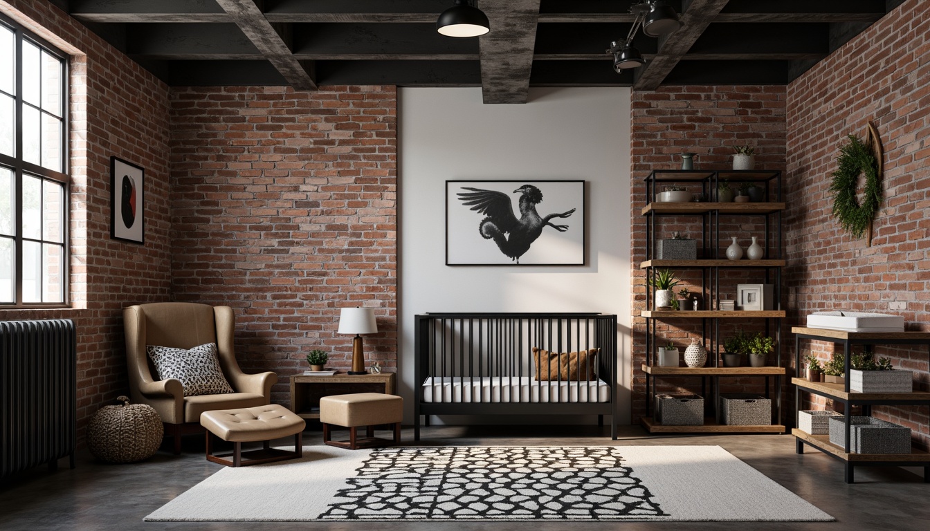 Prompt: Exposed brick walls, metal beams, reclaimed wood furniture, vintage industrial lighting, distressed leather armchair, rustic wooden crib, metal frame changing table, urban loft-inspired decor, edgy modern art pieces, bold black and white color scheme, concrete floor, industrial-style shelving units, functional metal storage bins, minimalist mobiles, geometric patterned rugs, cozy textiles, warm industrial ambiance, high contrast lighting, dramatic shadows, 3/4 composition, realistic textures.