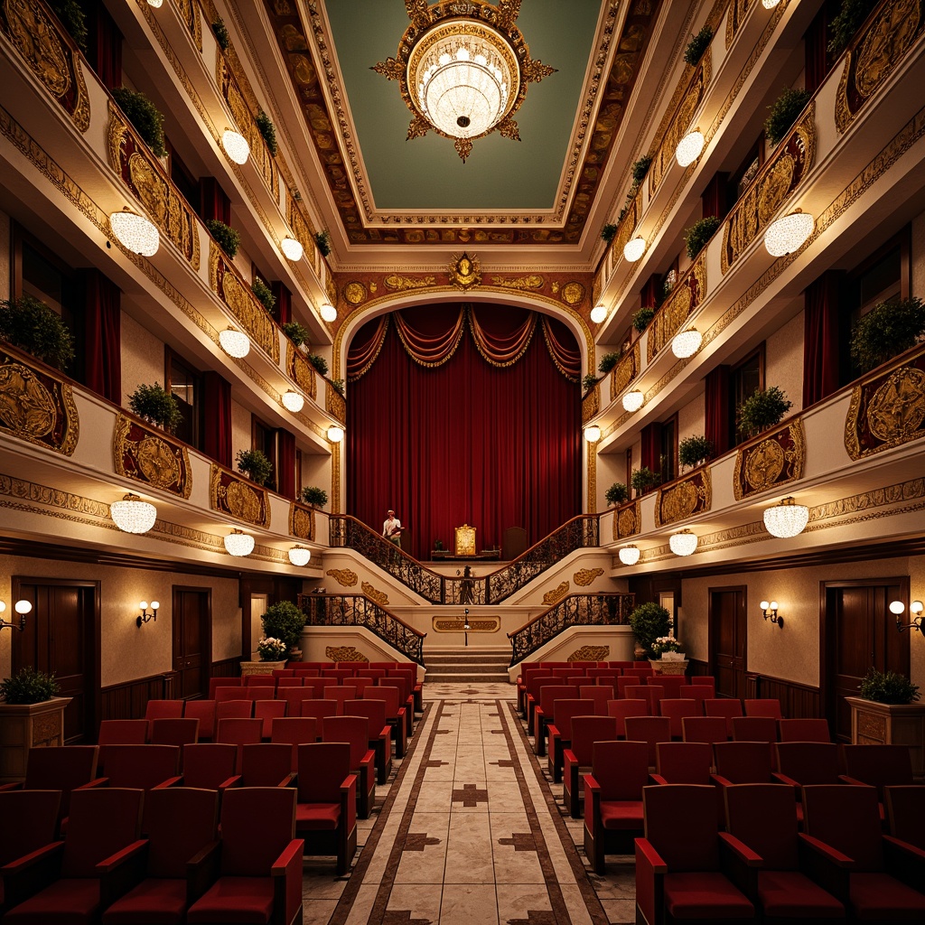 Prompt: Elegant opera house, academic architectural style, ornate balconies, plush red velvet seats, golden ornamental details, crystal chandeliers, grand staircase, marble flooring, intricate moldings, luxurious fabrics, rich wood tones, subtle warm lighting, shallow depth of field, 2/3 composition, symmetrical arrangement, classic color palette, refined textures, ambient occlusion.