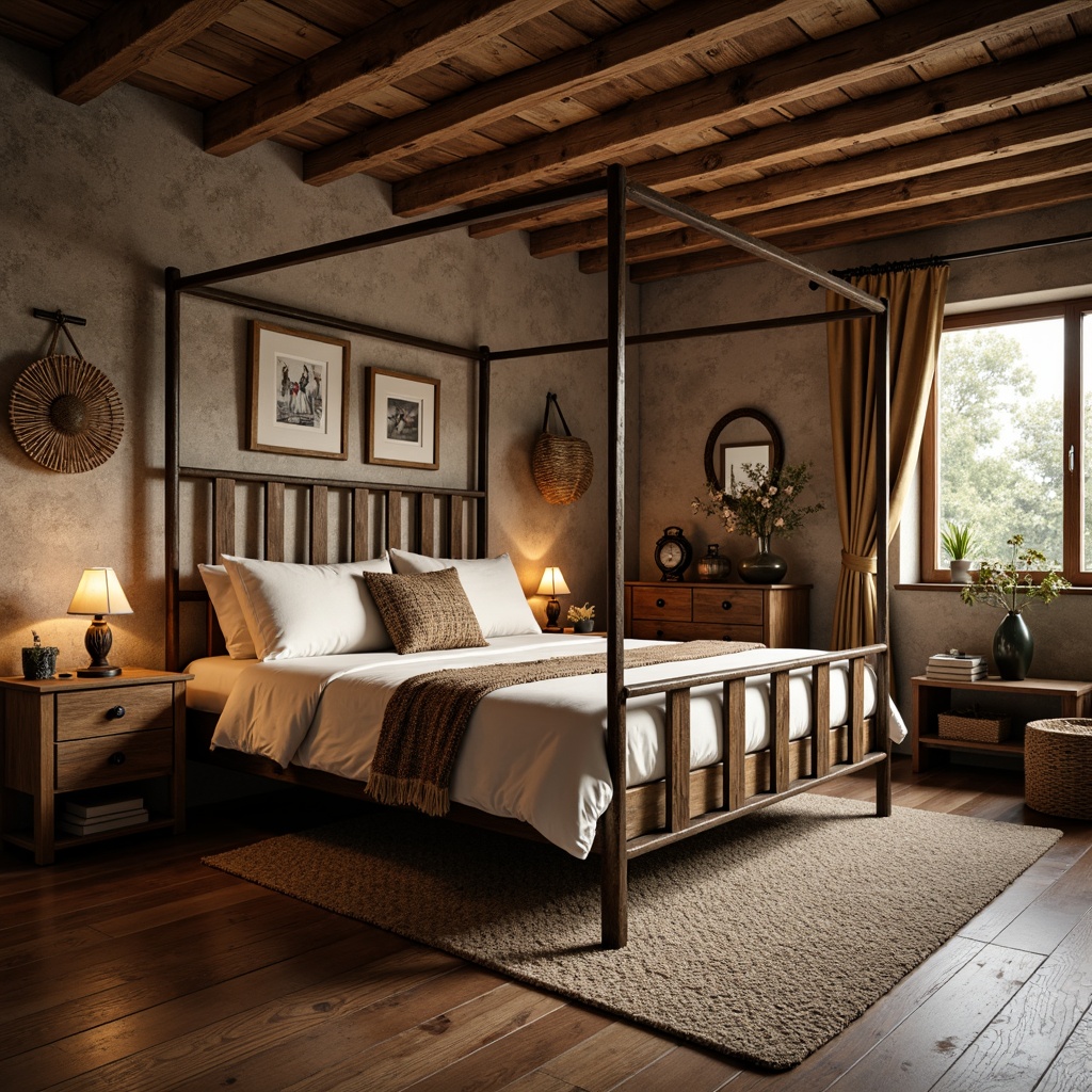 Prompt: Cozy rustic bedroom, reclaimed wood furniture, vintage metal frames, distressed finishes, natural fabrics, earthy color palette, wooden floorboards, stone walls, exposed beams, candles, lanterns, woven baskets, antique decorations, soft warm lighting, shallow depth of field, 1/1 composition, realistic textures, ambient occlusion.