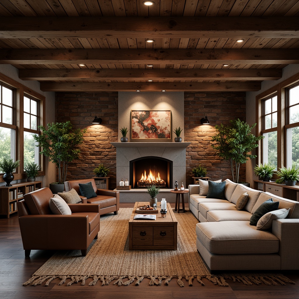 Prompt: Rustic game room, reclaimed wood accent walls, vintage brick veneer, earthy tone color palette, rough-hewn wooden beams, natural stone fireplaces, plush sectional sofas, distressed leather armchairs, antique metal lighting fixtures, wooden crates, woven jute rugs, warm cozy ambiance, softbox lighting, shallow depth of field, 2/3 composition, cinematic framing.