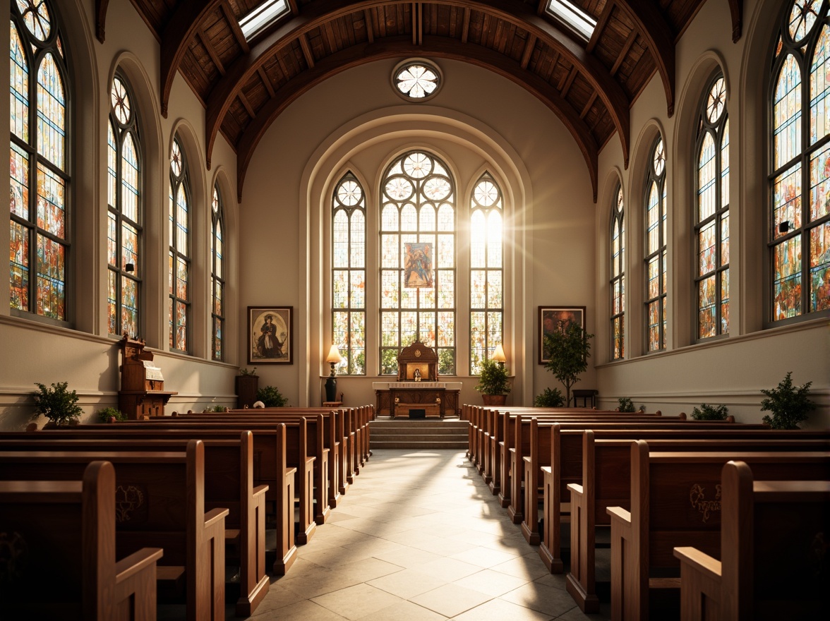 Prompt: Elegant church interior, stained glass windows, wooden pews, ornate altar, soft warm lighting, shallow depth of field, 3/4 composition, panoramic view, realistic textures, ambient occlusion, comfortable seating arrangement, accessible aisleways, clear sightlines, minimalist decor, calming color palette, natural materials, subtle patterns, inspirational quotes, devotional icons, peaceful ambiance, morning sunlight, gentle shadows.