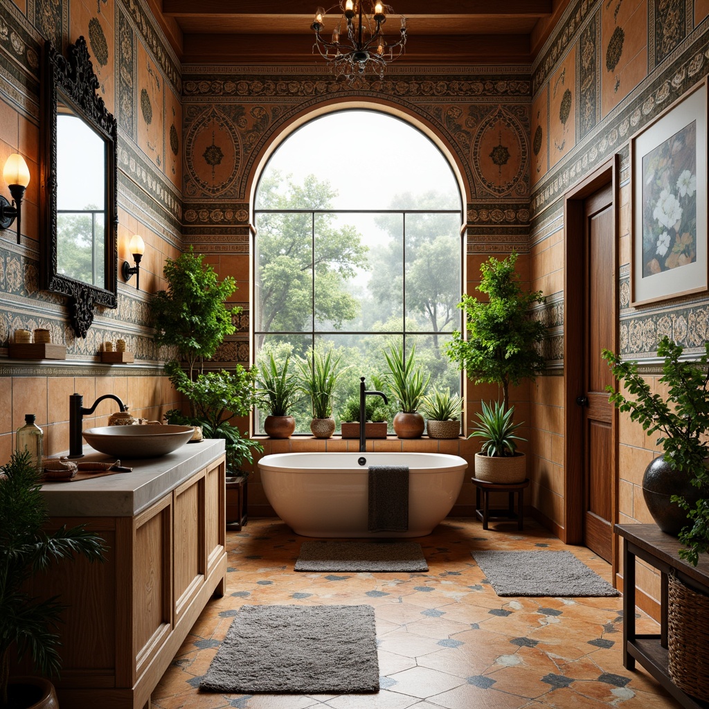 Prompt: Vibrant bathroom oasis, eclectic tilework, Moroccan-inspired mosaics, distressed wooden cabinets, vintage metal fixtures, ornate mirrors, lush greenery, potted plants, natural stone countertops, earthy color palette, warm ambient lighting, freestanding tub, rainfall showerhead, geometric patterned rugs, woven wicker furniture, abstract artwork, industrial-chic decor, reclaimed wood accents, spa-like ambiance, soft focus, shallow depth of field, 1/1 composition, realistic textures.