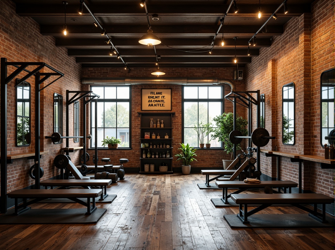 Prompt: Industrial-style home gym, metal-framed mirrors, reclaimed wood flooring, exposed brick walls, Edison bulb lighting, distressed leather benches, rusty steel equipment racks, vintage weightlifting machines, modern cardio equipment, motivational quotes, urban loft ambiance, high-ceiling space, natural light pouring in, shallow depth of field, 1/1 composition, realistic textures, ambient occlusion.