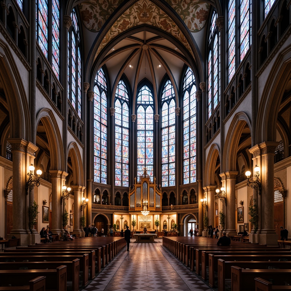 Prompt: Intricate stained glass windows, ornate Gothic arches, grandiose cathedral ceilings, vibrant expressionist colors, dynamic spiritual sculptures, elaborate altar decorations, mystical ambiance, soft warm lighting, shallow depth of field, 3/4 composition, panoramic view, realistic textures, ambient occlusion, ornate pulpits, intricate frescoes, lavish chandeliers, majestic pipe organs, grand entrance halls, solemn nave spaces, sacred relics displays, mysterious crypts, atmospheric fog effects.