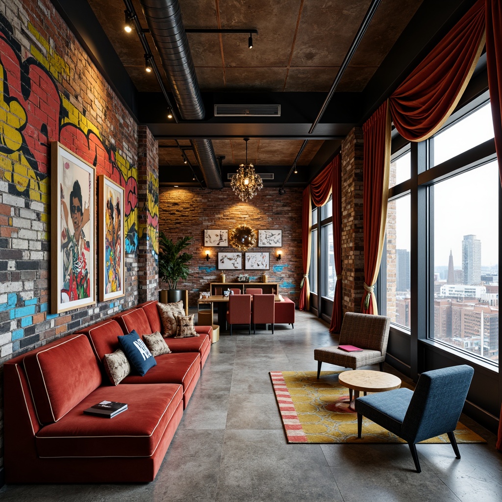 Prompt: Eclectic penthouse, exposed brick walls, reclaimed wood accents, industrial metal beams, vibrant graffiti murals, textured concrete finishes, geometric patterned tiles, rich velvet drapes, ornate gold leafing, eclectic artwork displays, abstract sculpture installations, floor-to-ceiling windows, cityscape views, modern track lighting, warm ambient glow, shallow depth of field, 1/1 composition, realistic textures, ambient occlusion.