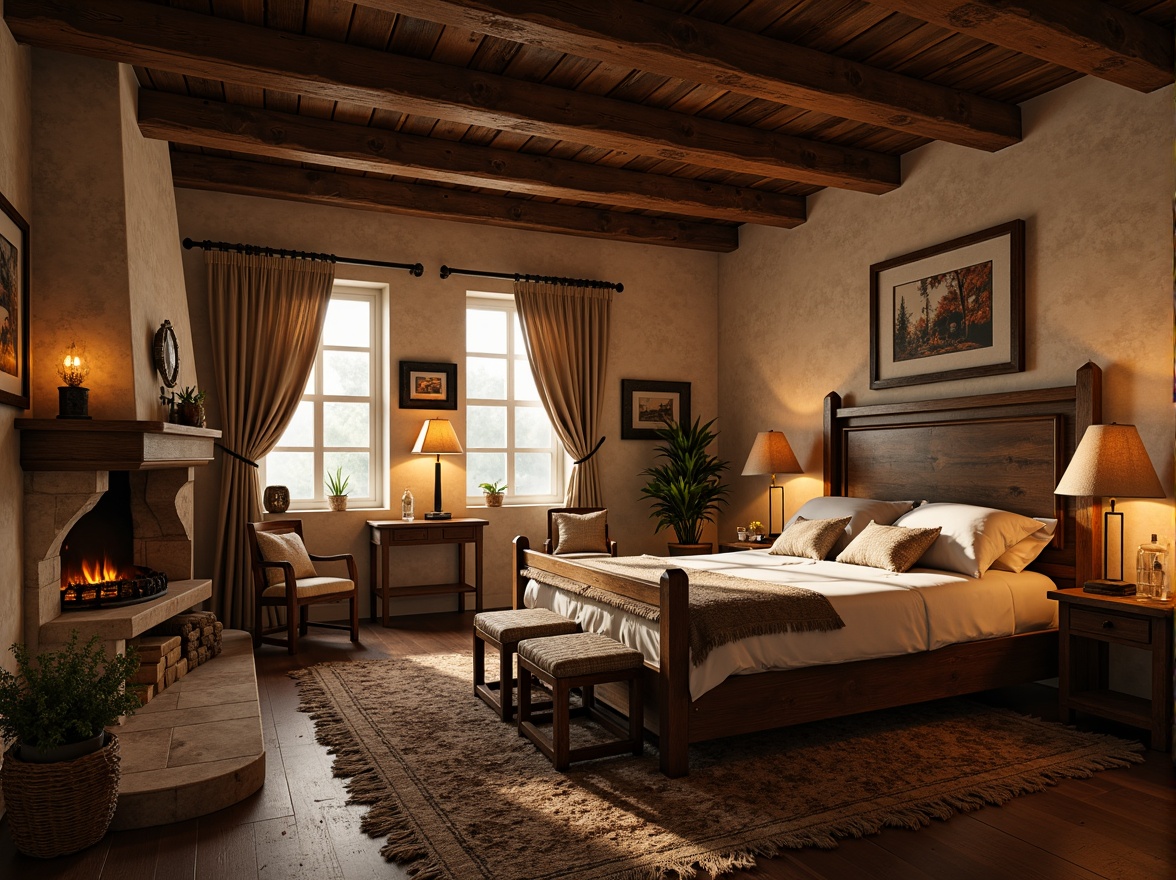 Prompt: Rustic bedroom ambiance, warm candlelight, soft glowing lanterns, distressed wood furniture, vintage metal fixtures, earthy tone color palette, cozy throw blankets, plush area rugs, natural stone walls, wooden beam ceiling, warm beige curtains, dimmable floor lamps, table lamps with burlap shades, flickering fireplace, morning sunlight, gentle shadows, 1/1 composition, intimate atmosphere, realistic textures, ambient occlusion.