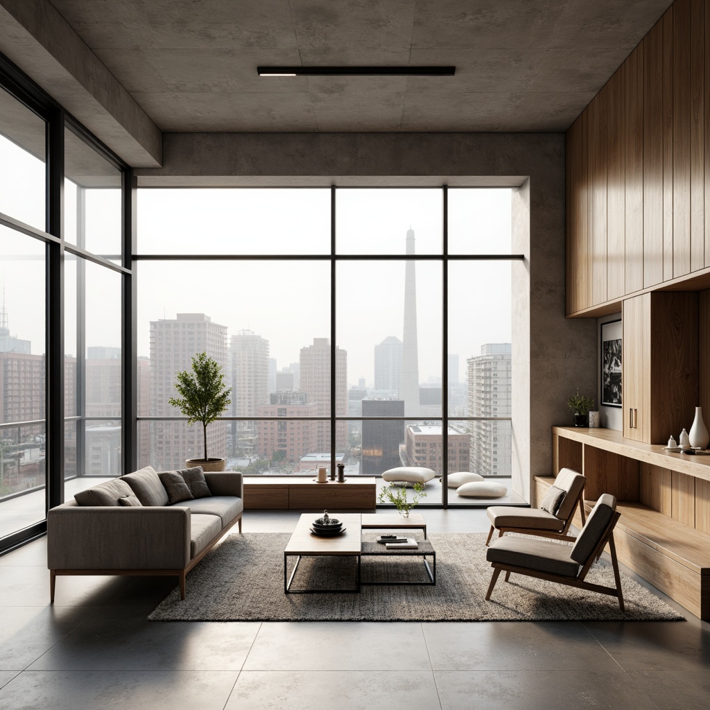 Prompt: Minimalist interior, calm atmosphere, natural materials, wooden accents, sleek metal frames, low-profile sofas, minimalist coffee tables, geometric-shaped decorations, monochromatic color scheme, abundant natural light, floor-to-ceiling windows, urban city views, modern architecture, functional simplicity, Scandinavian-inspired design, textured rugs, industrial-style lighting, 1/1 composition, softbox lighting, subtle shadows, realistic reflections.