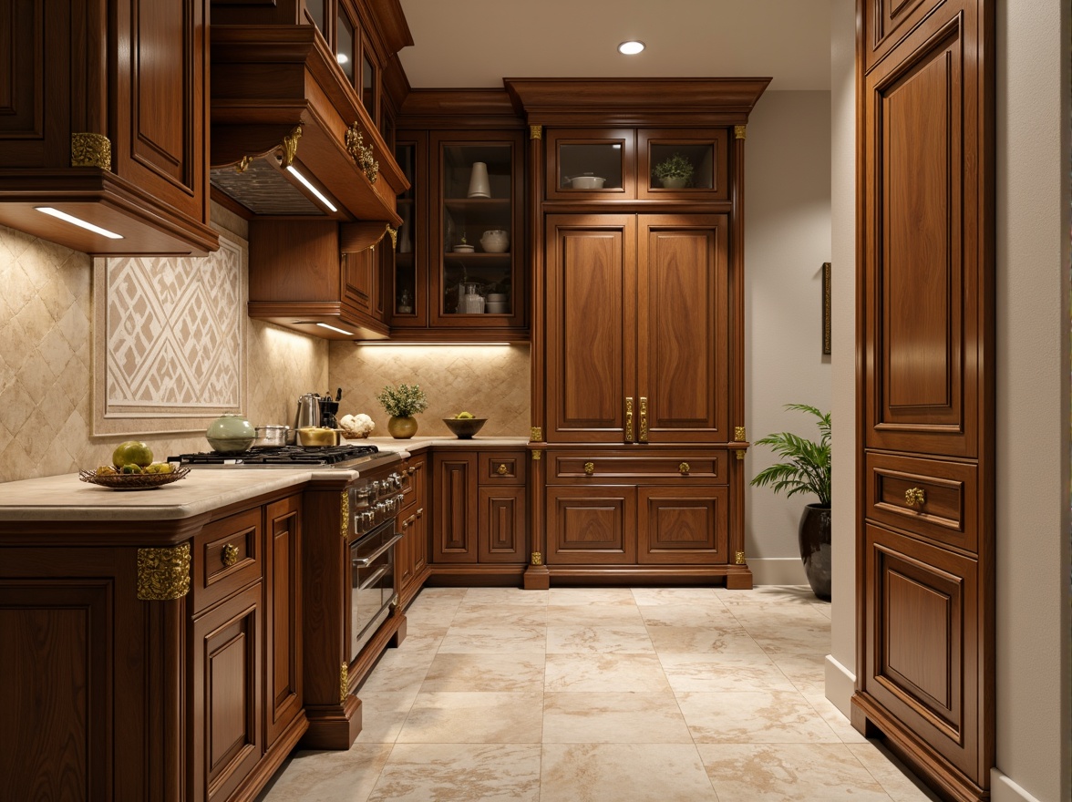 Prompt: Elegant Renaissance-style kitchen, ornate cabinetry, luxurious gold hardware, rich wood tones, polished marble countertops, intricate stone inlays, subtle veining patterns, warm beige background, soft warm lighting, shallow depth of field, 1/2 composition, realistic textures, ambient occlusion.