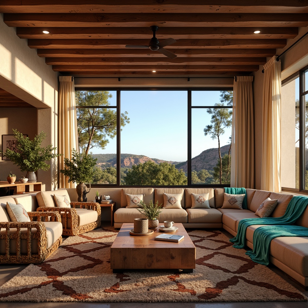 Prompt: Southwestern living room, earthy tone color palette, natural textiles, woven baskets, Navajo-inspired patterns, vibrant turquoise accents, plush throw blankets, leather armchairs, wooden coffee tables, rattan furniture, floor-to-ceiling windows, panoramic views, warm afternoon lighting, shallow depth of field, 1/1 composition, realistic textures, ambient occlusion.