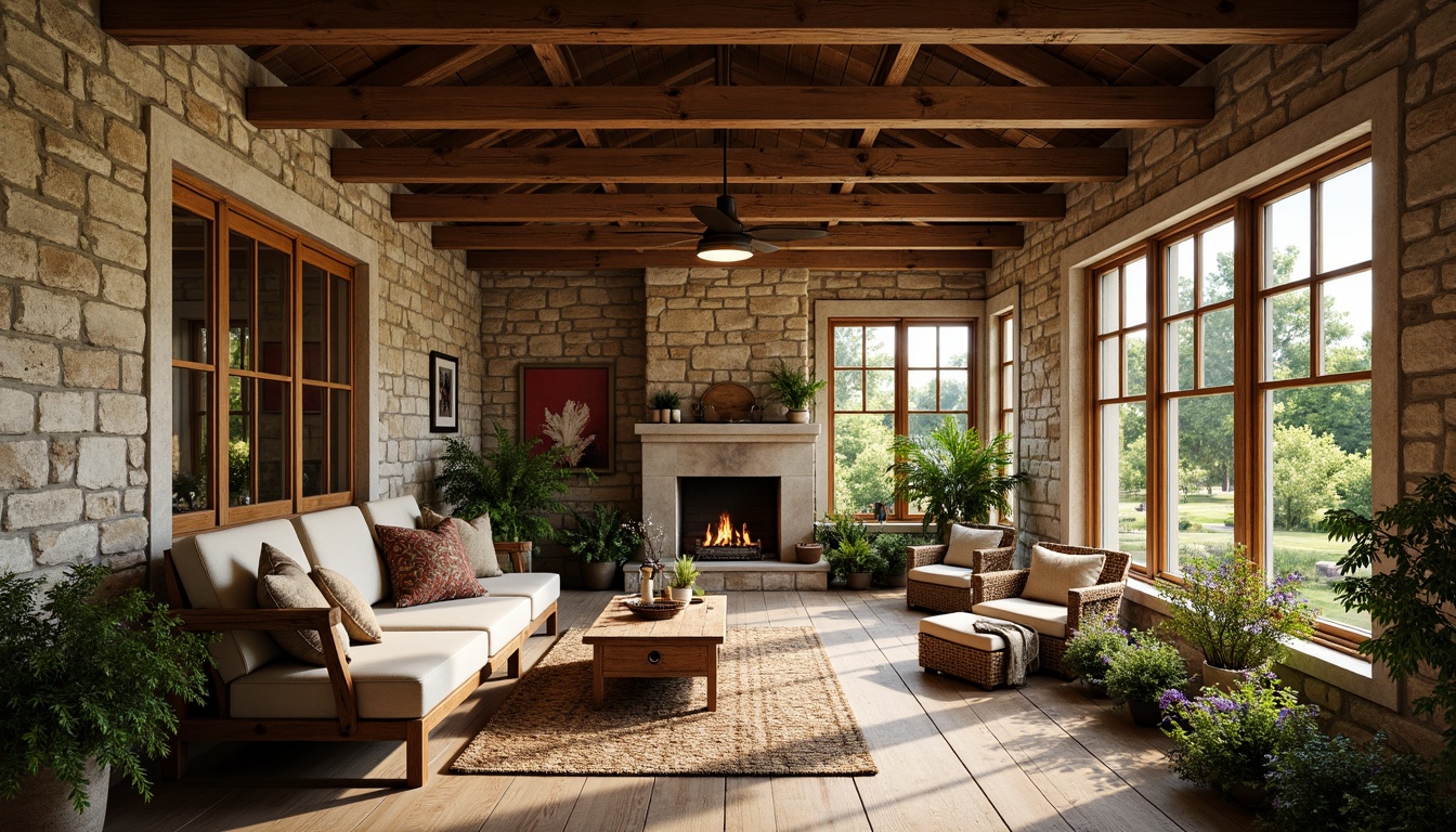 Prompt: Rustic sunroom, natural stone walls, wooden beam ceilings, earthy color palette, warm ambient lighting, plush furniture, woven textiles, vintage decorative accents, lush greenery, blooming flowers, distressed wood floors, craftsman-style windows, multi-paned doors, cozy reading nooks, comfortable seating areas, soft warm colors, shallow depth of field, 2/3 composition, natural materials, organic shapes, earthy tones.