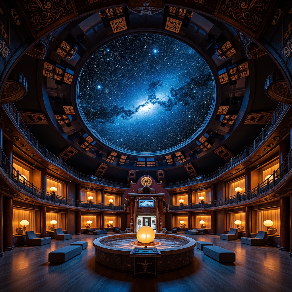 Prompt: Oriental-inspired planetarium, dark blue ceiling with golden accents, intricate wooden carvings, traditional Asian motifs, lantern-style lighting, starry night sky projections, subtle ambient glow, soft warm illumination, shallow depth of field, 1/1 composition, symmetrical layout, luxurious velvet seating, rich wood tones, ornate metal details, subtle aromas of incense, serene atmosphere, futuristic astronomy equipment, interactive exhibits, educational displays, spherical screens, immersive experiences.