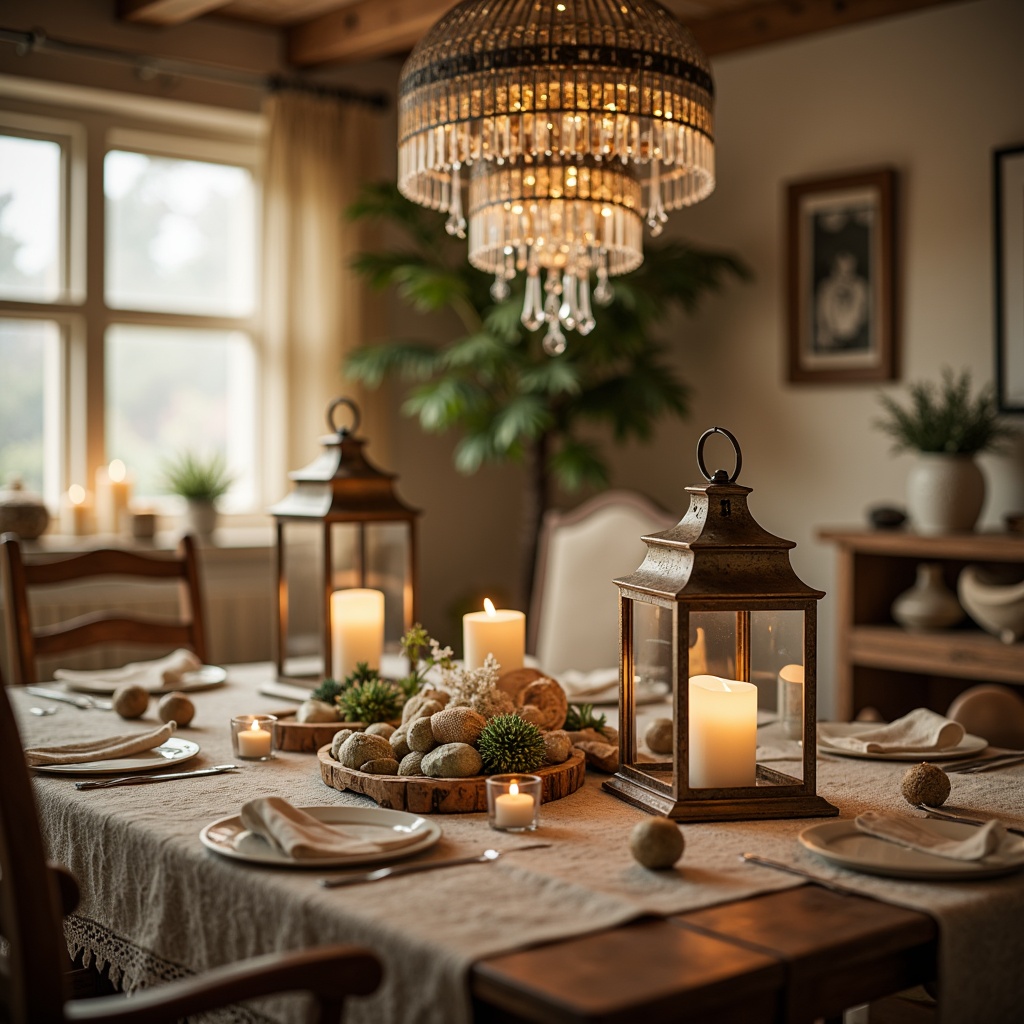 Prompt: Soft warm glow, vintage metal lanterns, distressed wooden chandeliers, ornate crystal drops, rustic candle holders, lace-trimmed shades, warm beige tones, creamy whites, soft pastels, natural textiles, floral patterns, ruffled fabrics, antique furniture, distressed finishes, warm ambient lighting, gentle shadows, shallow depth of field, 1/1 composition, realistic textures, subtle color grading.