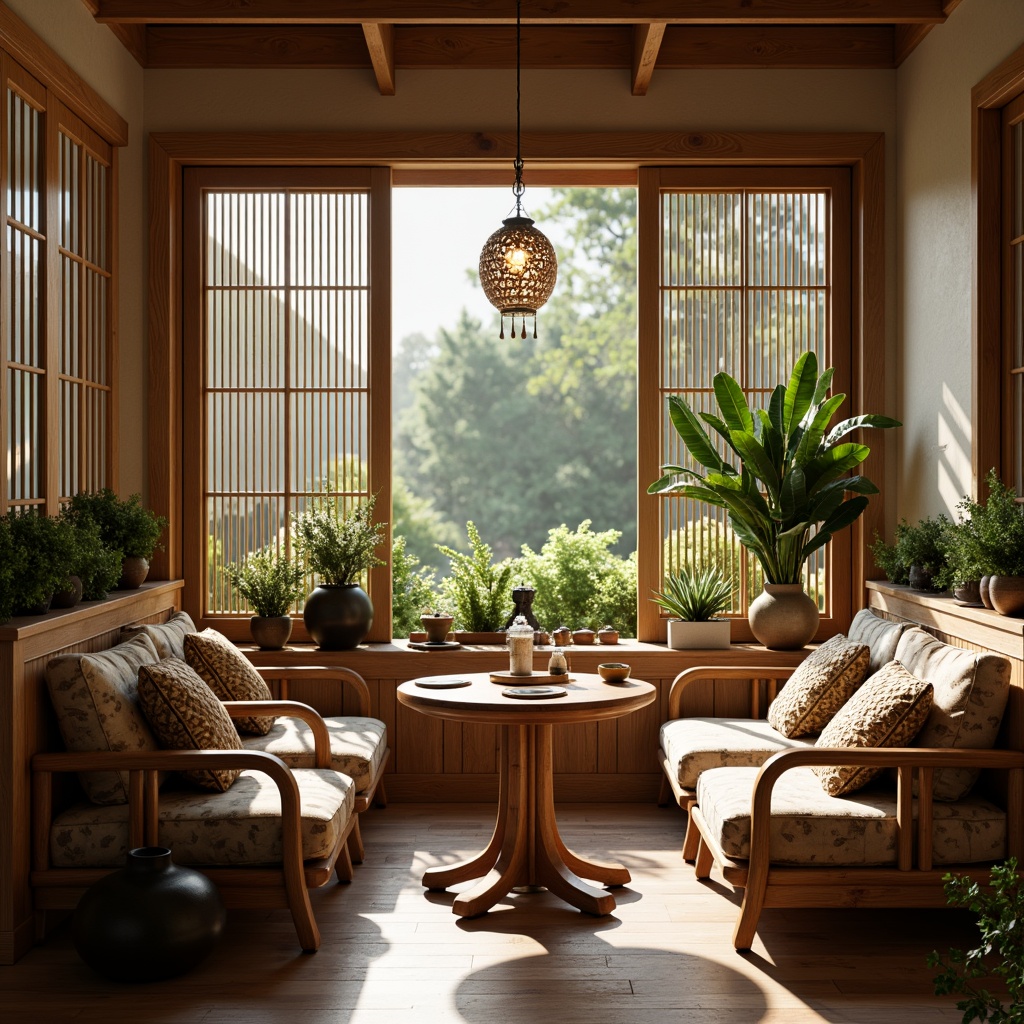 Prompt: Asian-inspired breakfast nook, natural wood tones, woven bamboo chairs, plush velvet cushions, intricate carvings, ornate wooden tables, delicate ceramics, traditional Japanese sliding doors, paper lanterns, warm soft lighting, cozy intimate atmosphere, lush greenery, potted plants, minimal ornamentation, earthy color palette, subtle textures, shallow depth of field, 1/1 composition, realistic reflections, ambient occlusion.