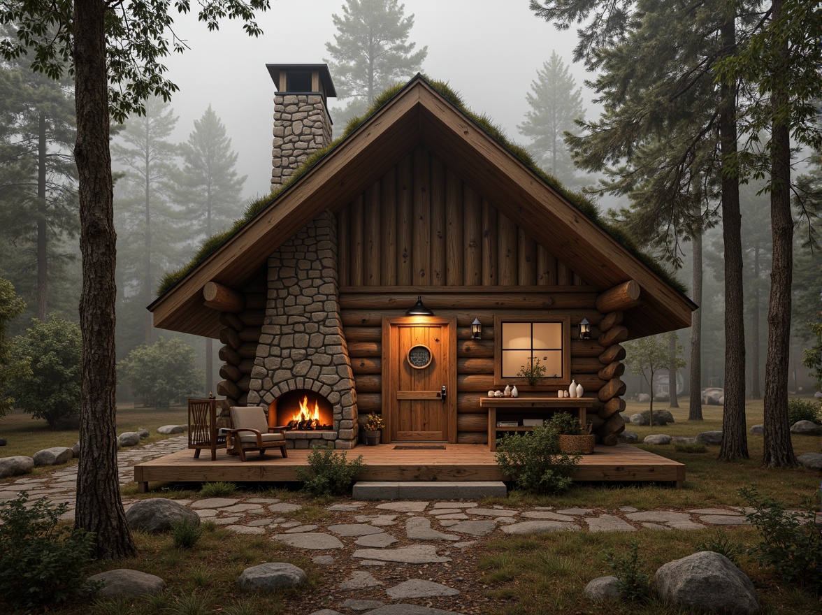 Prompt: Rustic wooden cabin, earthy tones, warm beige, weathered wood accents, natural stone walls, cozy fireplaces, vintage metal lanterns, distressed finishes, moss-covered roofs, forest surroundings, misty morning light, soft warm glow, shallow depth of field, 1/1 composition, realistic textures, ambient occlusion.