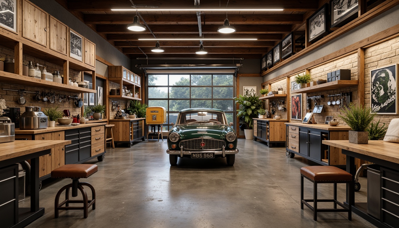 Prompt: Cozy garage interior, rustic wooden cabinetry, metallic tools, organized shelving units, epoxy-coated concrete floor, industrial-style lighting fixtures, steel workbenches, vintage car displays, leather-upholstered stools, earthy color palette, natural stone accent walls, functional storage solutions, efficient workflow layout, 3D composition, softbox lighting, realistic textures, subtle ambient occlusion.