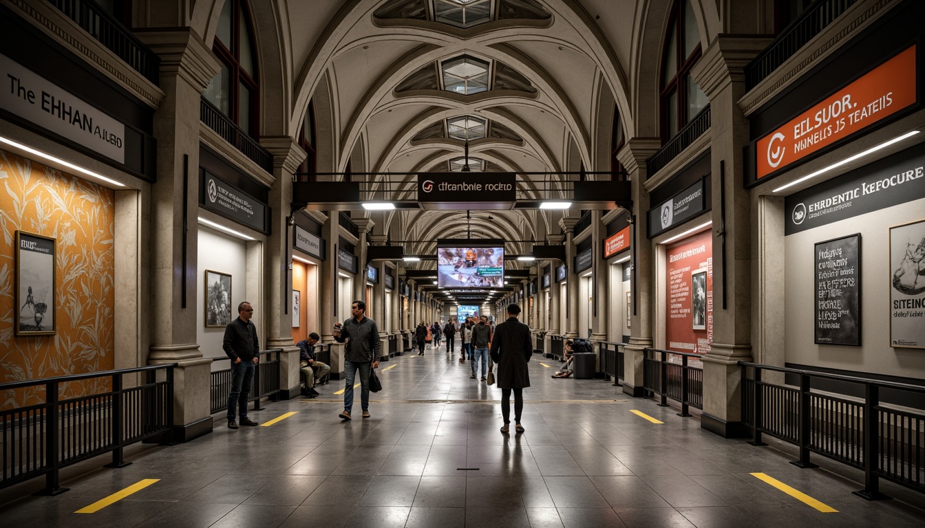 Prompt: Academic-style metro station, grandiose architecture, high-arched ceilings, ornate moldings, elegant columns, sophisticated lighting fixtures, modern signage systems, educational murals, inspirational quotes, dynamic digital displays, sleek metal railings, polished granite flooring, subtle textures, atmospheric ambient lighting, shallow depth of field, 2/3 composition, realistic reflections, intricate details.