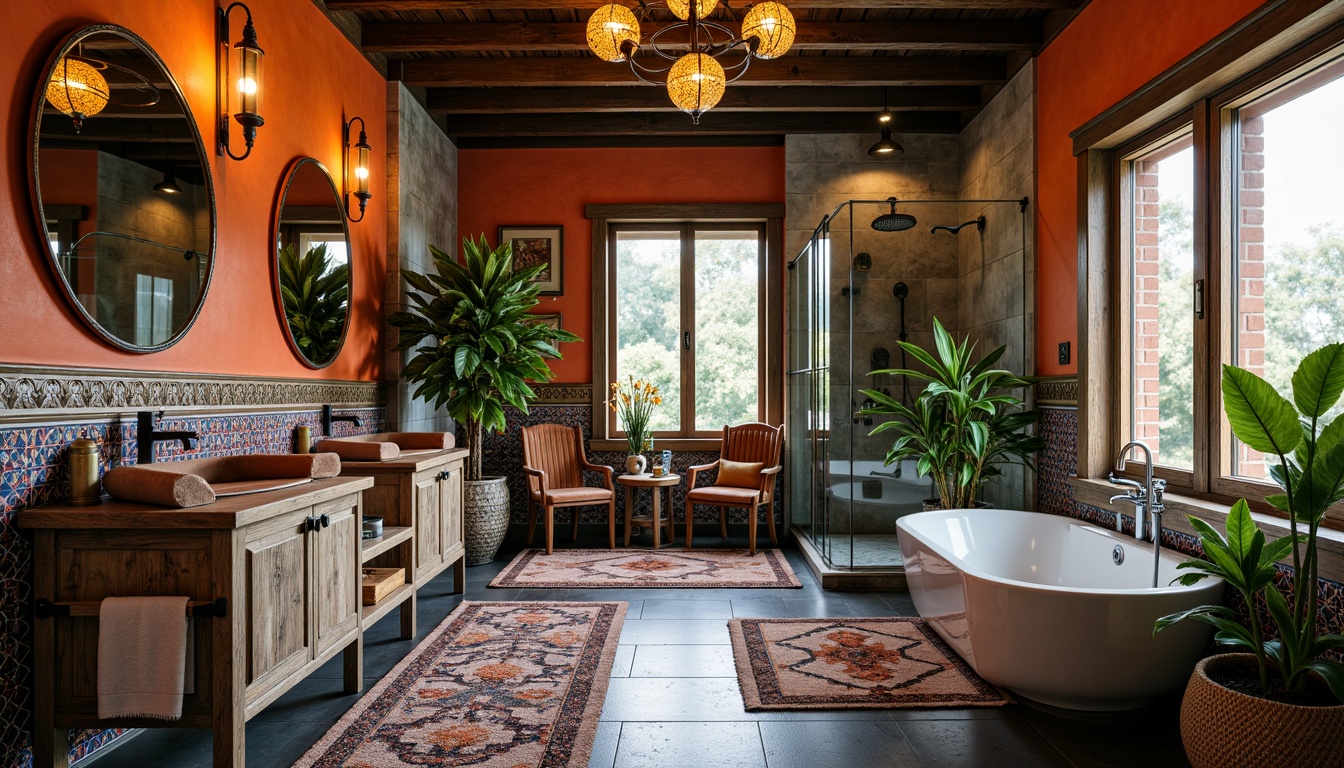 Prompt: Vibrant eclectic bathroom, unique fixtures, bold color schemes, ornate metalwork, distressed wooden cabinets, antique-inspired faucets, decorative tile patterns, Moroccan-style mosaics, geometric-shaped mirrors, industrial-chic lighting, exposed brick walls, luxurious freestanding tubs, rainfall showerheads, natural stone flooring, plush area rugs, tropical plants, warm ambient lighting, shallow depth of field, 1/1 composition, realistic textures, ambient occlusion.