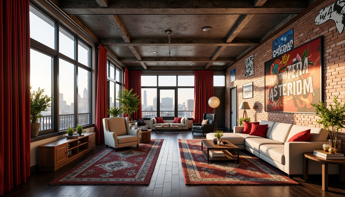 Prompt: Vibrant eclectic penthouse, industrial-chic exposed brick walls, reclaimed wood accents, bold graffiti murals, metallic silver ceiling, ornate Victorian-era inspired moldings, rich velvet drapes, eclectic art pieces, global-inspired textiles, plush area rugs, dramatic floor-to-ceiling windows, panoramic city views, warm golden lighting, shallow depth of field, 1/2 composition, realistic textures, ambient occlusion.