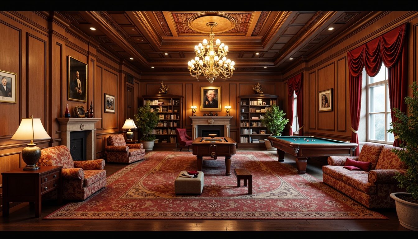 Prompt: Elegant game room, rich wood paneling, ornate moldings, luxurious velvet fabrics, gilded accents, crystal chandeliers, stately furniture pieces, intricately carved wooden legs, tufted upholstery, majestic stone fireplaces, grandiose ceiling designs, opulent drapery, lavish floor lamps, refined coffee tables, sophisticated bookshelves, neoclassical patterns, warm golden lighting, shallow depth of field, 2/3 composition, symmetrical arrangement, realistic textures, ambient occlusion.