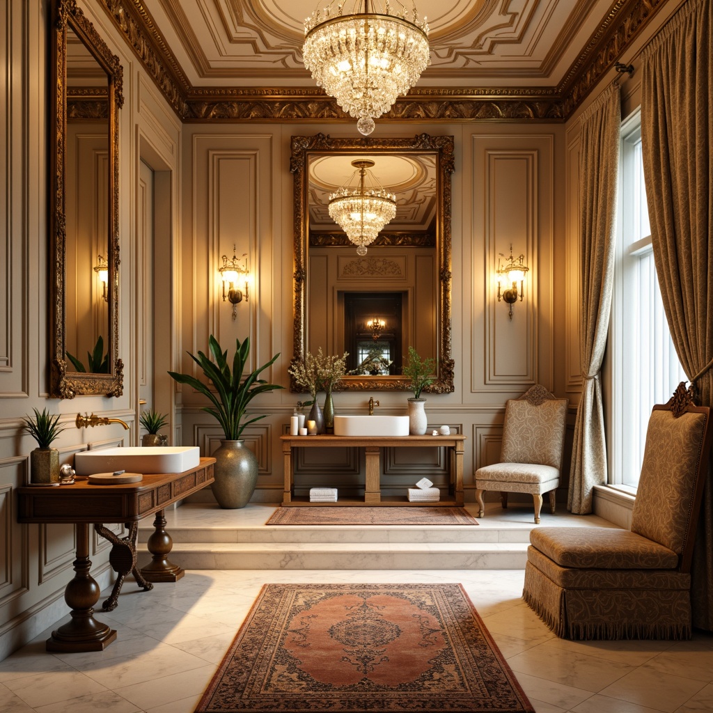 Prompt: Opulent powder room, ornate golden frames, luxurious velvet fabrics, richly patterned rugs, intricately carved wooden panels, soft warm lighting, creamy white marble floors, lavish crystal chandeliers, elegant wall paneling, gilded mirror frames, lavish furnishings, refined Baroque details, subtle Rococo influences, delicate floral patterns, intricate stucco ceilings, warm beige colors, shallow depth of field, 1/2 composition, realistic textures, ambient occlusion.