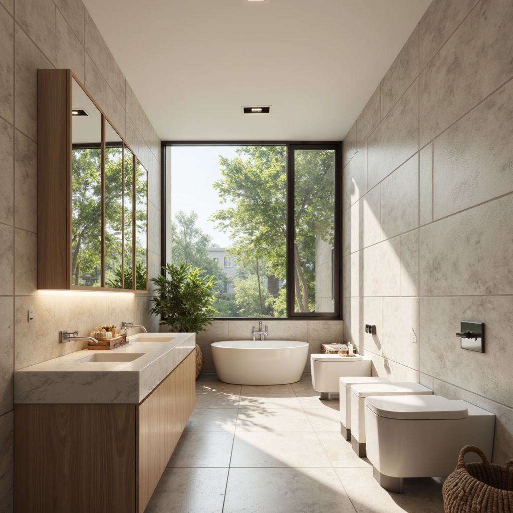 Prompt: Powder room minimalism style, soft warm lighting, clean lines, simple shapes, white marble countertops, wall-mounted sinks, modern faucets, minimalist mirrors, sleek cabinets, porcelain toilets, subtle textures, calm atmosphere, gentle color palette, freestanding tubs, floor-to-ceiling windows, natural stone floors, greenery views, 1/1 composition, soft focus, realistic reflections.