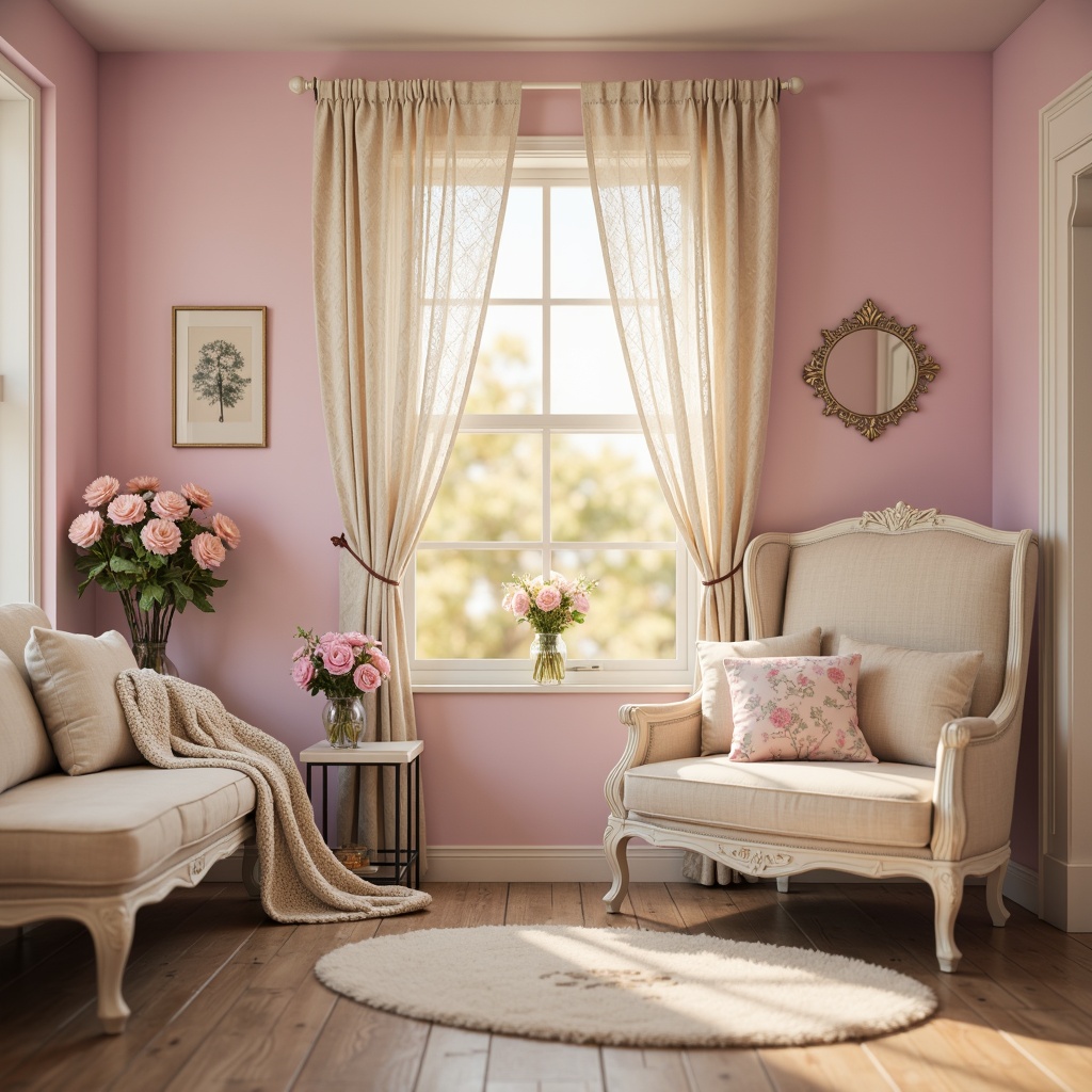 Prompt: Soft, feminine, vintage shabby-chic style, pastel color palette, pale pink walls, distressed wood furniture, lace drapery, floral patterns, ornate metal accents, cream-colored fabrics, subtle sheen, warm golden lighting, romantic ambiance, cozy atmosphere, gentle bokeh effect, 1/1 composition, realistic textures, soft focus.