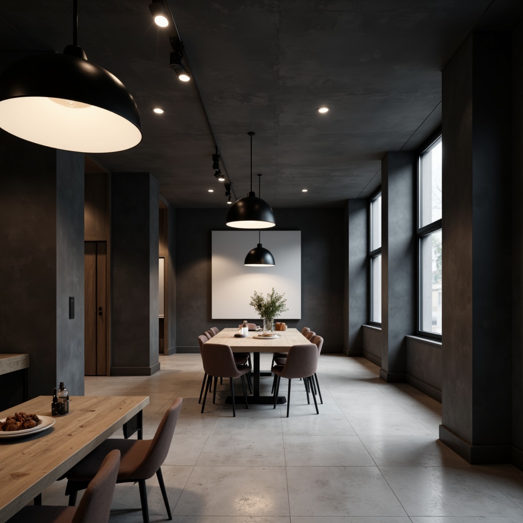 Prompt: Minimalist interior, sleek lines, monochromatic color scheme, polished concrete floors, matte black lighting fixtures, industrial-chic metal shades, suspended linear lamps, recessed ceiling lights, warm white LED illumination, subtle shadowing, 1/2 composition, shallow depth of field, soft focus blur, realistic textures, ambient occlusion.