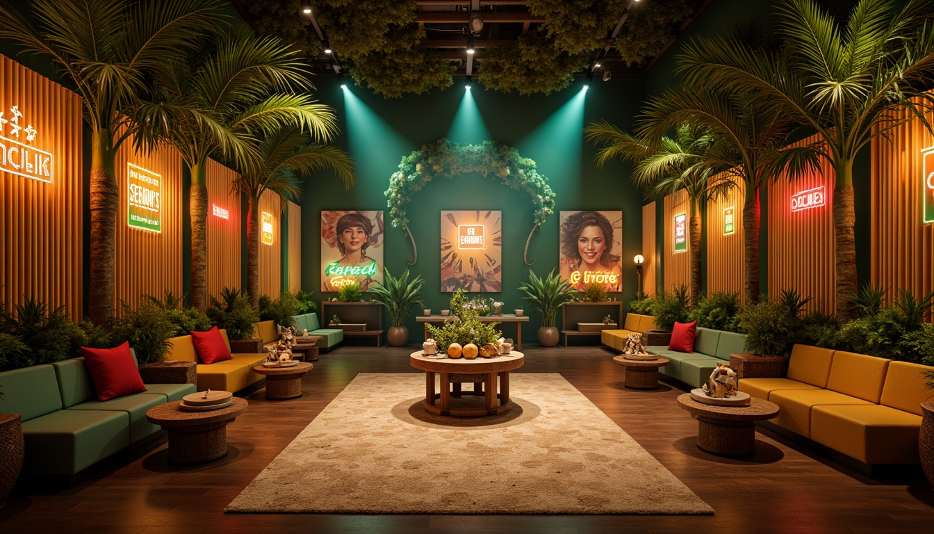 Prompt: Vibrant tropical cinema interior, lush green walls, exotic wooden accents, warm ambient lighting, soft golden spotlights, colorful neon signs, cozy seating areas, plush velvet curtains, decorative palm trees, natural woven textiles, rattan furniture, eclectic decor, vintage film posters, warm beige tones, soft misty atmosphere, cinematic mood lighting, shallow depth of field, 1/1 composition, realistic textures, ambient occlusion.