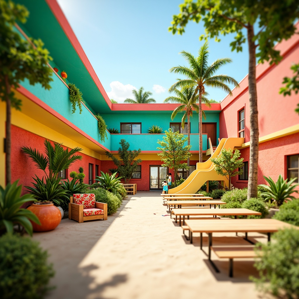 Prompt: Vibrant elementary school, tropical style, bright coral walls, turquoise accents, sunny yellow classrooms, lime green playgrounds, palm tree silhouettes, floral patterns, colorful tiki torches, woven bamboo furniture, natural wood textures, fun geometric shapes, bold typography, playful polka dots, cheerful citrus hues, warm beige sand, exotic island vibes, whimsical illustrations, 3D rendered graphics, shallow depth of field, 2/3 composition, soft focus, inviting atmosphere.