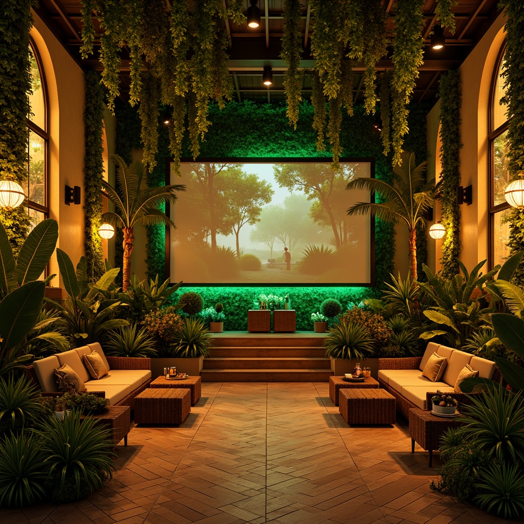 Prompt: Vibrant tropical cinema, lush green walls, exotic plants, warm golden lighting, softbox lights, LED strips, neon signs, colorful lanterns, cozy seating areas, wooden accents, natural textures, woven fibers, rattan furniture, earthy tones, warm beige colors, jungle-inspired patterns, misty atmospheric effects, shallow depth of field, 1/1 composition, cinematic angles, realistic shadows, ambient occlusion.