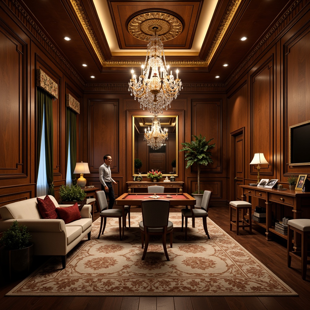 Prompt: Elegant game room, rich wood paneling, ornate moldings, crystal chandeliers, warm golden lighting, softbox illumination, subtle gradient effects, dramatic spotlights, classic furniture pieces, luxurious fabrics, intricate carvings, high ceilings, grandiose proportions, refined neoclassical details, subtle color palette, ambient occlusion, 3/4 composition, shallow depth of field, realistic textures.