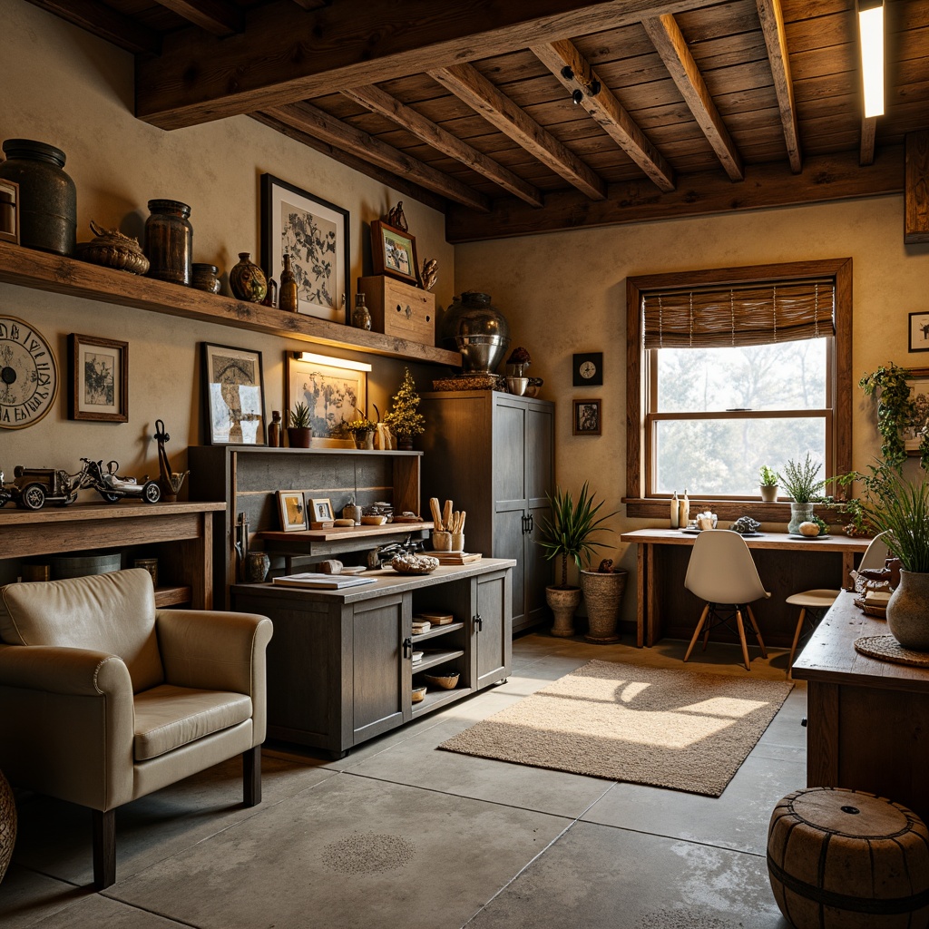 Prompt: Rustic family garage, earthy tones, warm beige walls, wooden accents, metal tools, vintage car models, distressed finishes, industrial lighting, concrete floors, eclectic decorative items, nostalgic memorabilia, cozy nooks, natural textiles, soft warm lighting, shallow depth of field, 3/4 composition, realistic textures.