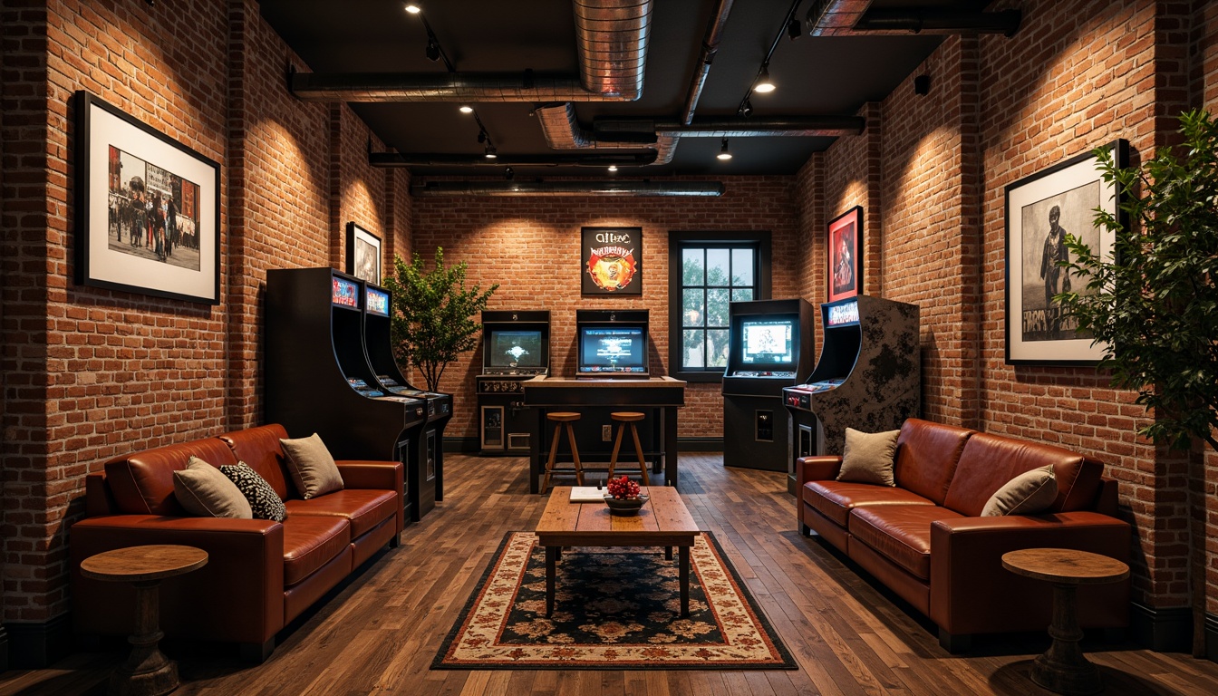 Prompt: Rustic game room, vintage arcade machines, reclaimed wood floors, exposed brick walls, distressed leather sofas, wooden coffee tables, industrial metal chairs, neon signs, retro-style posters, warm cozy lighting, shallow depth of field, 1/1 composition, realistic textures, ambient occlusion, eclectic decorative accents, rich earthy tones, bold colorful patterns.