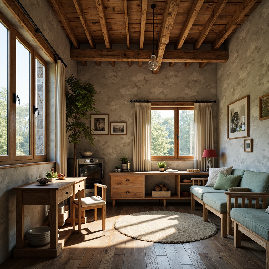 Prompt: Rustic cabin, earthy tones, weathered wood, natural stone walls, wooden accents, vintage metal fixtures, distressed finishes, warm beige, soft sage, mossy green, sky blue, creamy whites, rich browns, warm golden lighting, cozy atmosphere, soft focus, shallow depth of field, 1/2 composition, realistic textures, ambient occlusion.