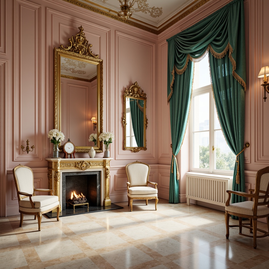 Prompt: \Ornate palace interior, soft pastel hues, pale pink walls, golden ornate mirrors, cream-colored marble floors, intricate furniture carvings, luxurious velvet drapes, rich turquoise accents, ornate gilded details, delicate lace patterns, subtle sparkle lighting, shallow depth of field, 1/1 composition, intimate atmosphere, realistic textures, ambient occlusion.\