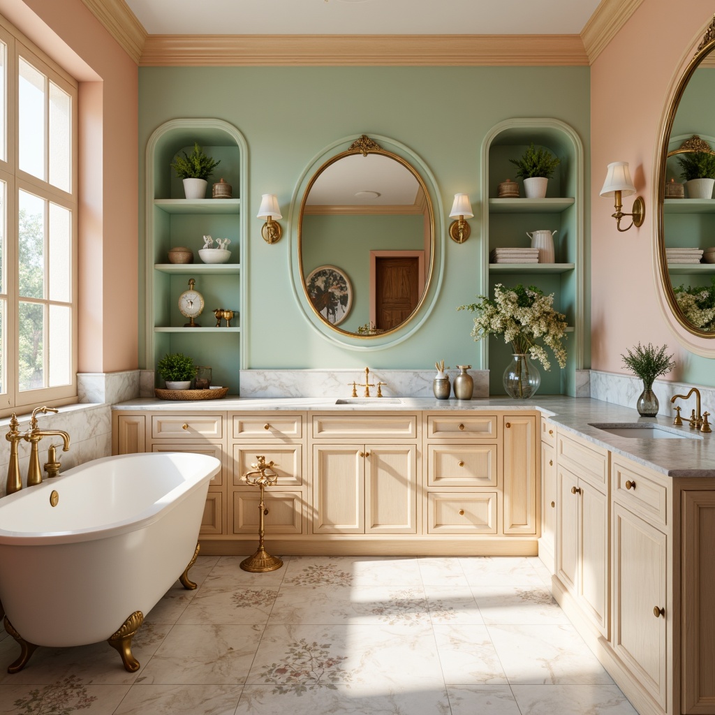 Prompt: Soft peach tones, calming mint greens, creamy whites, warm beige accents, elegant gold fixtures, luxurious marble countertops, serene natural light, spacious open shelving, ornate mirrors, delicate flower patterns, soothing pastel hues, gentle gradient effects, subtle texture overlays, 3/4 composition, atmospheric soft focus, realistic material renderings.