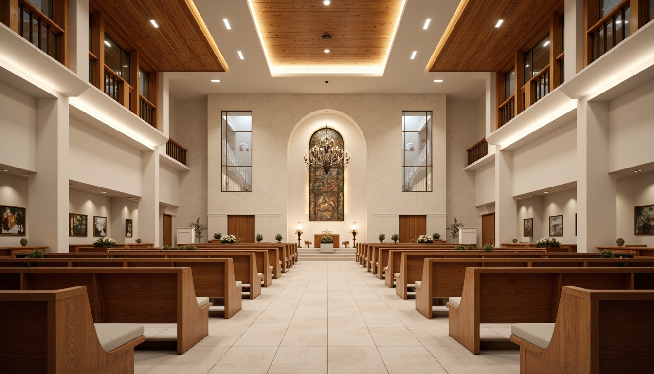 Prompt: Contemporary church interior, elegant wooden pews, soft cushioned seats, subtle LED lighting, warm beige tones, minimalist decor, spacious aisles, grand chandeliers, ornate altar, tranquil ambiance, gentle natural light, 1/2 composition, shallow depth of field, realistic textures, ambient occlusion, comfortable seating arrangement, open floor plan, prayer stations, inspirational quotes, soothing color palette, harmonious spatial layout.Please let me know if this meets your expectations!