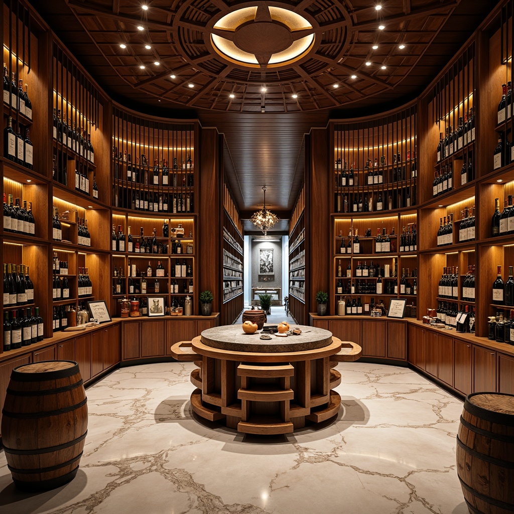 Prompt: Luxurious wine cellar, Art Deco style, ornate metalwork, geometric patterns, rich wood tones, polished marble floors, ambient warm lighting, curved glass walls, elegant wooden wine racks, innovative spiral designs, chrome accents, vintage wine barrels, premium wine bottles, dimmable LED lights, 1/1 composition, shallow depth of field, realistic reflections.