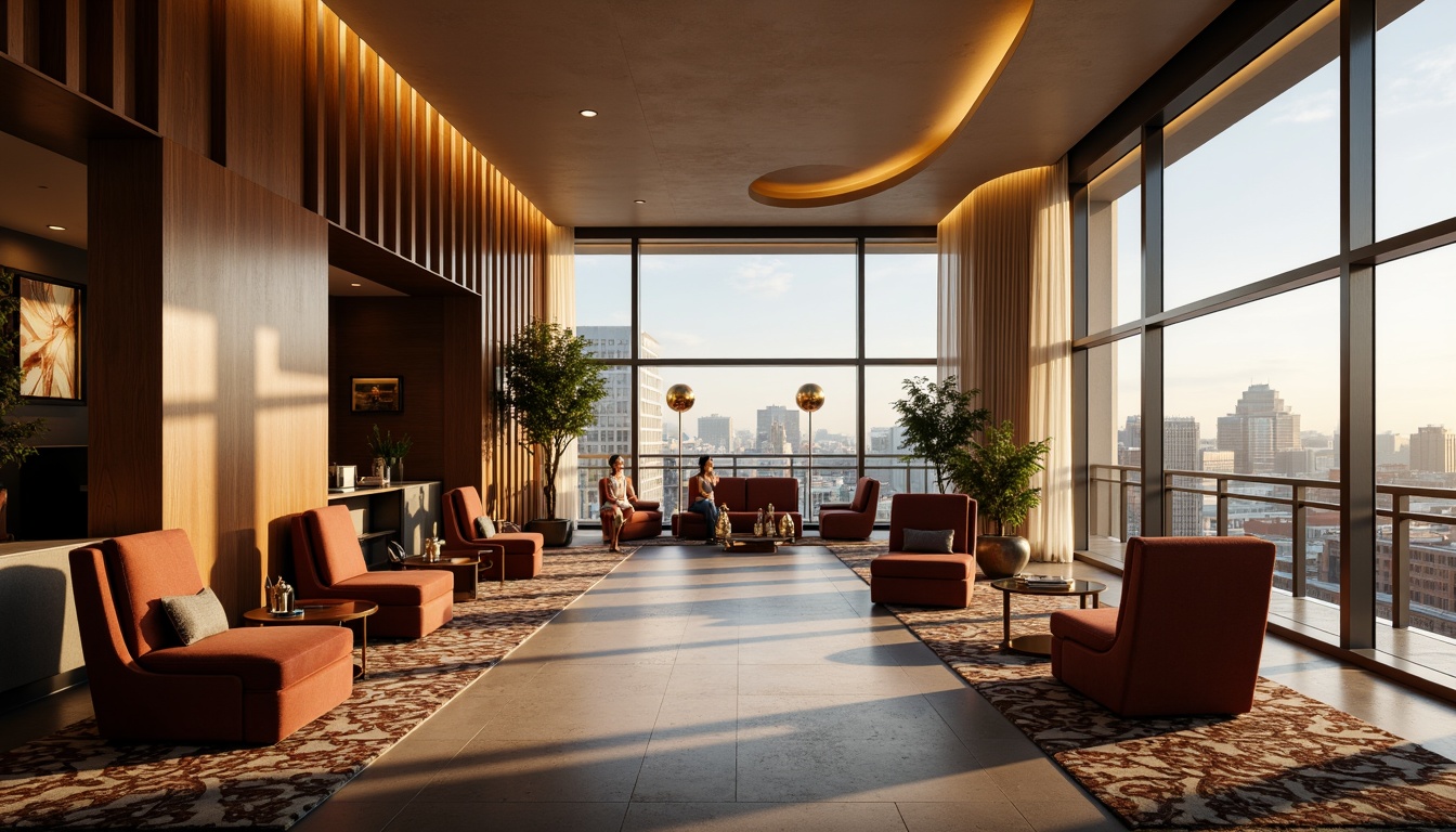 Prompt: Luxurious modern hotel lobby, sleek streamline furniture, curved lines, minimalist decor, polished chrome accents, rich wood tones, plush velvet upholstery, geometric patterned rugs, floor-to-ceiling windows, city skyline views, sophisticated ambiance, warm golden lighting, shallow depth of field, 1/1 composition, panoramic view, realistic textures, ambient occlusion.