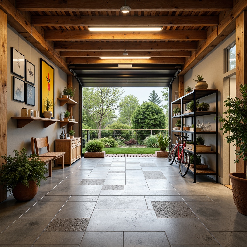 Prompt: Spacious family garage, natural stone flooring, rustic wooden accents, abundant overhead lighting, airy atmosphere, minimal decor, functional storage systems, sleek metal shelves, colorful bicycles, vibrant potted plants, soft warm glow, shallow depth of field, 1/1 composition, realistic textures, ambient occlusion.