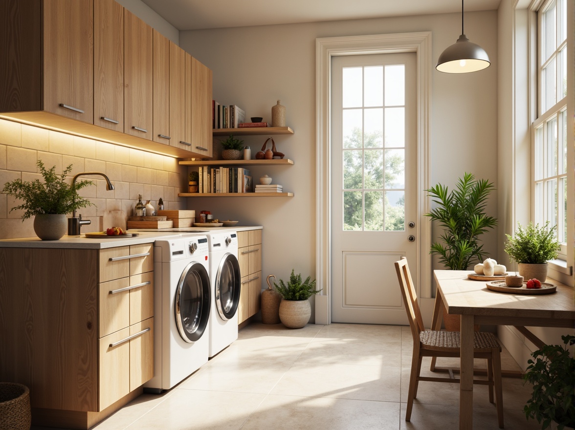 Prompt: Cozy laundry room, soft warm glow, recessed lighting, pendant lamps, under-cabinet illumination, LED strips, calming pastel colors, gentle ambient light, natural stone countertops, wooden cabinetry, modern appliances, stainless steel accents, minimalist decor, fresh flowers, greenery, airy ventilation, large windows, sunny day, shallow depth of field, 1/1 composition, realistic textures, ambient occlusion.