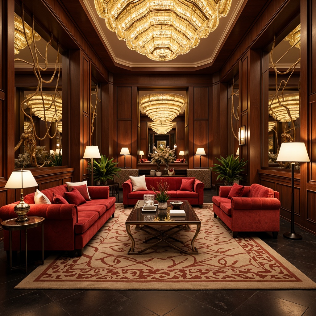 Prompt: Luxurious Art Deco interior, opulent furnishings, velvet sofas, chrome coffee tables, geometric patterned rugs, ornate mirrors, metallic accents, lavish chandeliers, rich wood paneling, sleek sideboards, curved lines, bold color schemes, sophisticated ambiance, warm golden lighting, 1/1 composition, low-angle shot, realistic reflections, subtle texture details.