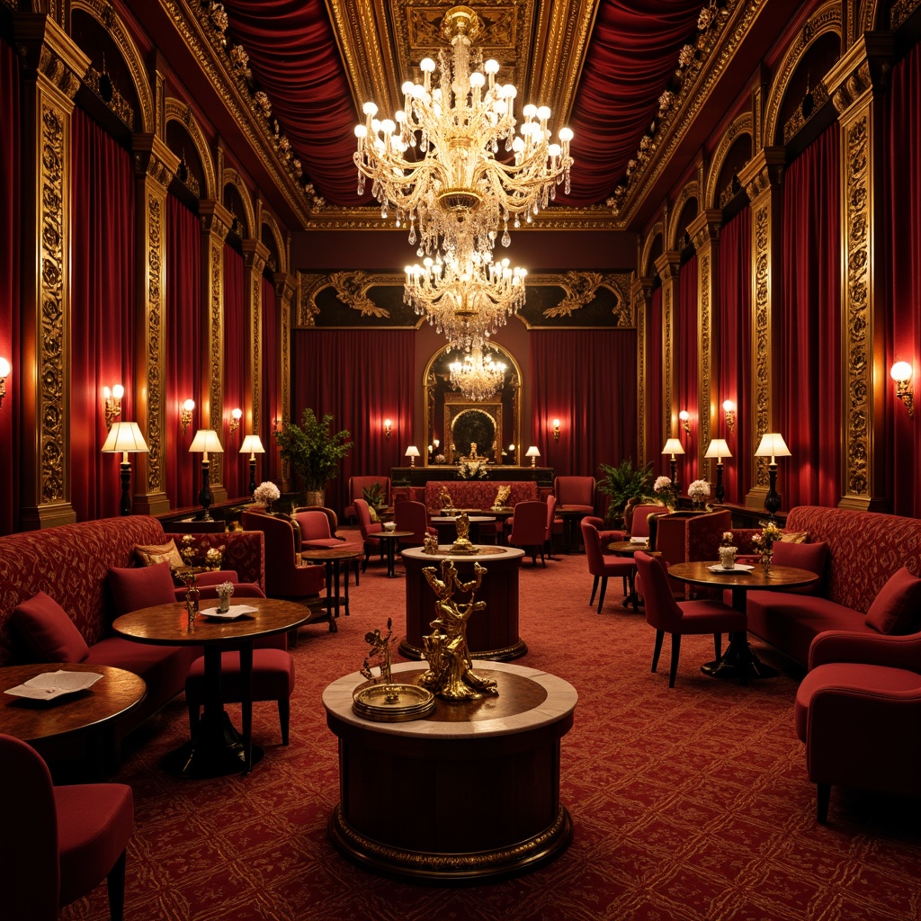 Prompt: Lavish nightclubs, ornate chandeliers, velvet drapes, gilded mirrors, intricate wood carvings, curved lines, luxurious fabrics, plush sofas, ornamental armchairs, marble tables, bronze statues, candelabras, crimson red walls, golden accents, soft warm lighting, shallow depth of field, 1/2 composition, dramatic shadows, realistic textures, ambient occlusion.