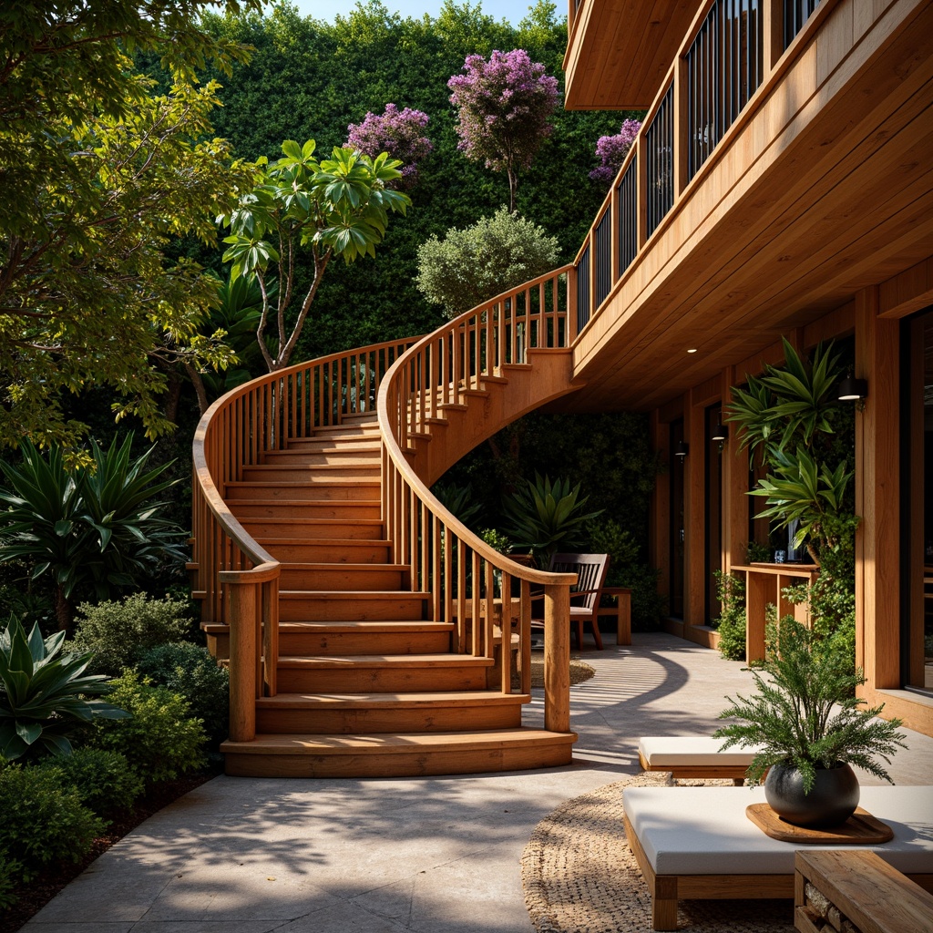 Prompt: Rich wooden handrails, exotic hardwood steps, ornate metal balusters, lush greenery walls, vibrant floral arrangements, natural stone landings, elegant curved lines, warm ambient lighting, subtle shadows, 3/4 composition, shallow depth of field, realistic textures, ambient occlusion, tropical leaf patterns, colorful ceramic tiles, intricate carvings, polished chrome fixtures.