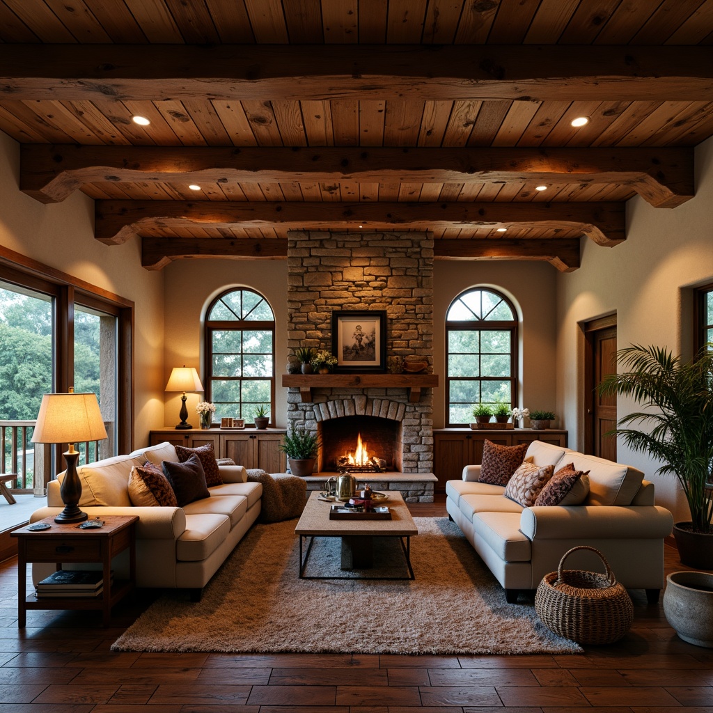 Prompt: Cozy rustic family room, wooden ceiling beams, stone fireplace, warm candlelight, soft lamp shades, earthy color palette, natural textiles, woven baskets, vintage furniture, distressed wood accents, plush throw blankets, crackling fire sounds, intimate seating areas, table lamps, pendant lights, warm LED lighting, ambient glow, shallow depth of field, 1/1 composition, realistic textures.