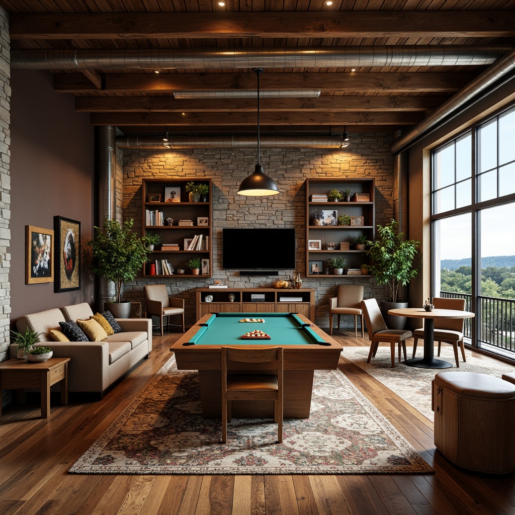 Prompt: Rustic game room, reclaimed wood flooring, distressed finishes, wooden planks, vintage decorations, earthy tones, natural textures, stone walls, industrial lighting, metal accents, comfortable seating, cozy atmosphere, warm color palette, plush area rugs, wooden beams, exposed ductwork, modern amenities, entertainment systems, high ceilings, expansive windows, panoramic views, softbox lighting, 1/2 composition, cinematic depth of field.