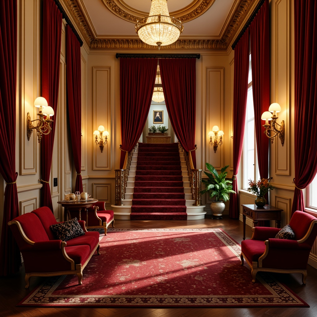 Prompt: Rich velvet curtains, ornate golden accents, luxurious red seats, dramatic spotlights, soft warm glow, intimate atmosphere, opulent chandeliers, classic European architecture, grand entrance foyer, majestic staircases, intricate moldings, lavish decorative details, warm beige walls, deep crimson rugs, subtle cream trim, sophisticated ambiance, 1/1 composition, shallow depth of field, realistic textures, ambient occlusion.