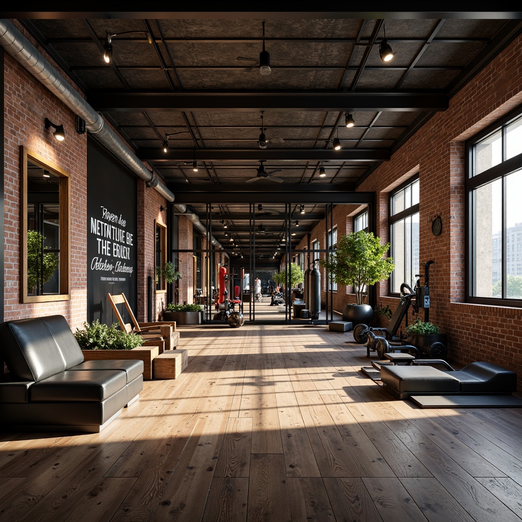 Prompt: Industrial-style home gym, exposed brick walls, metal beams, reclaimed wood flooring, functional training equipment, modern exercise machines, free weights, kettlebells, resistance bands, medicine balls, jump ropes, boxing bags, mirrored walls, industrial-style lighting fixtures, metal shelving units, storage bins, motivational quotes, urban loft ambiance, high-ceiling space, natural light pouring in, rustic color palette, distressed wood accents, metallic sheen, dynamic composition, dramatic shadows, high-contrast lighting.