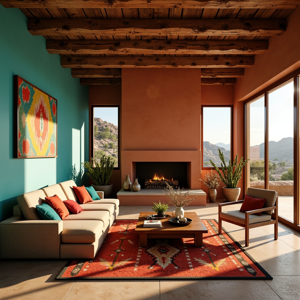 Prompt: Vibrant turquoise accents, earthy terracotta walls, warm beige floors, rustic wooden tables, woven Native American-inspired textiles, bold red and orange patterned rugs, natural stone fireplaces, reclaimed wood beams, desert landscape views, soft golden lighting, 1/2 composition, atmospheric perspective, detailed normal maps.